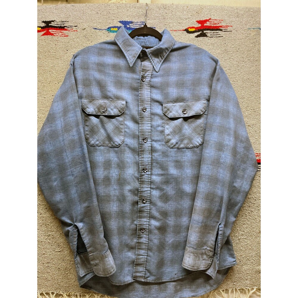 Vintage 70s 80s thin plaid blue button down shirt